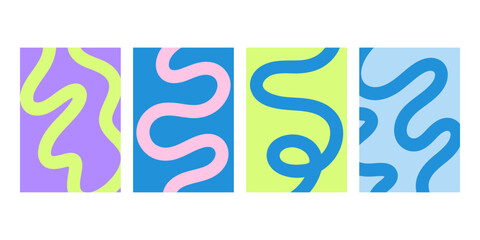 Set abstract playful minimal background with wavy line. Poster with organic curvy curly stripe.