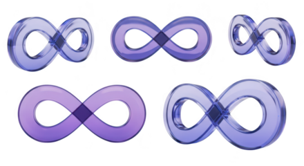Several views of transparent purple infinity symbols on white suggesting endless possibilities perfect for concepts of longevity