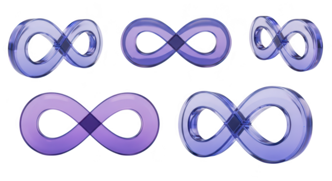 Several views of transparent purple infinity symbols on white suggesting endless possibilities perfect for concepts of longevity