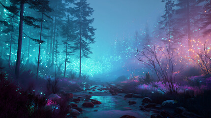 Magical dream world blending glowing nature and abstract digital light