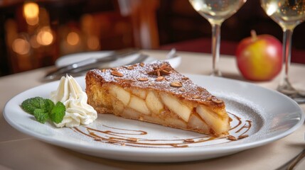 a slice of pear tart, artfully arranged with whipped cream and mint, complemented by two wine glasses and an apple in an inviting, softly lit setting