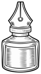 Obraz premium Vintage ink bottle with a fountain pen nib for a cap, a retro woodcut style illustration.