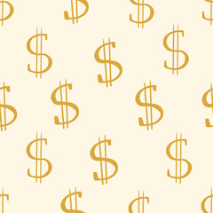 Obraz premium Gold dollar doodle seamless pattern on broken white background. US dollar symbol repeating background.