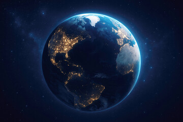 Obraz premium Beautiful view of Earth illuminated by city lights at night from space, showcasing continents and oceans against a starry sky