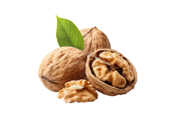 Whole and cracked walnuts with green leaves isolated on transparent background