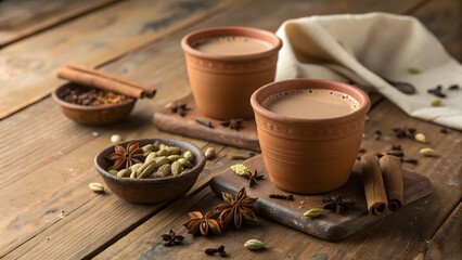 Authentic Indian Masala Chai Spiced Tea in Traditional Clay Cups with Whole Spices, Warm & Aromatic Chai Delicious Milk Tea Served with Cardamom, Cinnamon, and Star Anise, Cozy Indian Tea