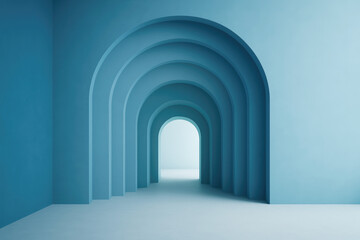 Fototapeta premium Multiple blue arches create a serene passageway leading to a light-filled space in a minimalist interior design setting