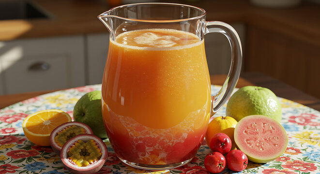 A pitcher of jarra de suco natural (natural juice blend) with tropical fruits beside it, on a vibrant tablecloth in a bright kitchen scene