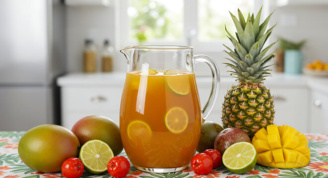A pitcher of jarra de suco natural (natural juice blend) with tropical fruits beside it, on a vibrant tablecloth in a bright kitchen scene