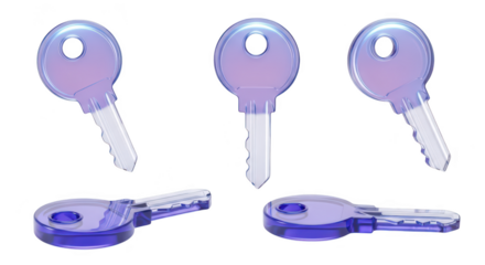 Transparent blue keys in various views isolated on white depicting access or security concepts