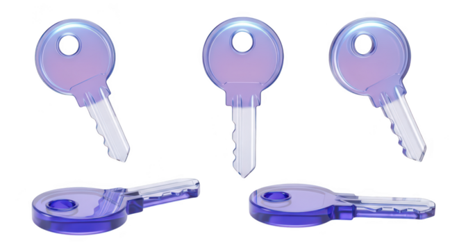 Transparent blue keys in various views isolated on white depicting access or security concepts
