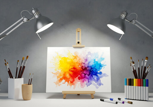 Artist s workspace with colorful abstract painting on easel illuminated by lamps