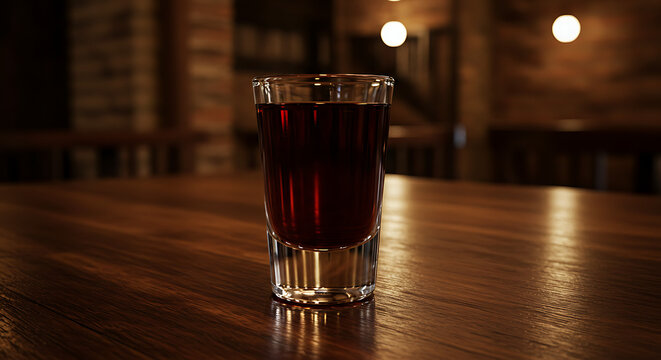 A shot glass of licor de jenipapo, placed on a polished wooden table in a rustic bar setting