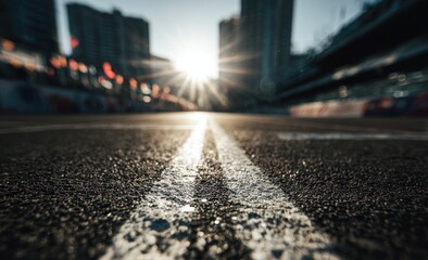 Urban race track, sunbeams on asphalt