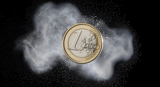 Euro Coin Surrounded by Exploding White Powder Cloud on a Black Background