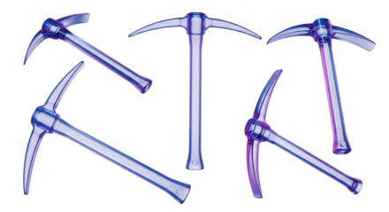 Various transparent pickaxes arranged on a white background showcasing mining tools for potential resource exploration or construction design