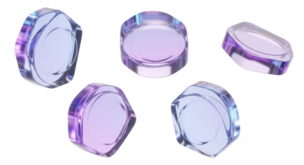 Five hexagonal glass objects displayed isolated radiating violet and blue against a white background for science design or cosmetic concepts
