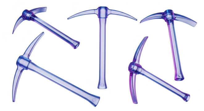 Various transparent pickaxes arranged on a white background showcasing mining tools for potential resource exploration or construction design