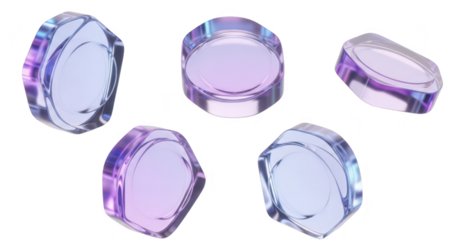 Five hexagonal glass objects displayed isolated radiating violet and blue against a white background for science design or cosmetic concepts