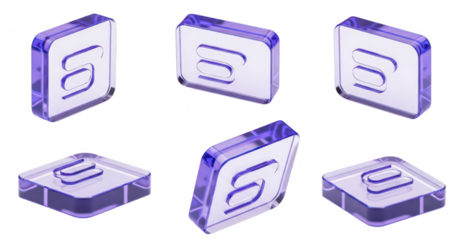 Purple glassy stylized graphic icons in varying isometric angles on a white background suitable for digital interfaces or modern design elements