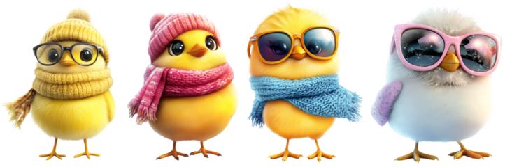 Collection of cute cartoon chicks wearing colorful winter hats and sunglasses standing in a row isolated on white background

