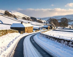 Snowy winter landscape with country road