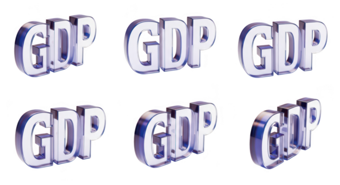 Clear 3D GDP text renders showcasing financial data visualization against a clean white backdrop suitable for economics presentations