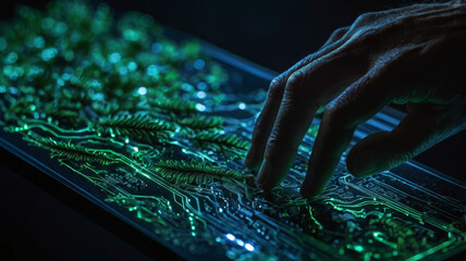 Human Hand Touching a Glowing Green Nature-Inspired Circuit Board