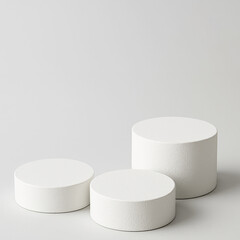 Modern minimalist display with three round white pedestals arranged on a clean background showcasing simplicity and elegance in design