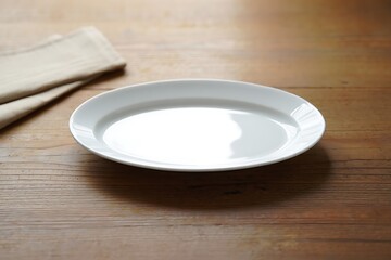 Clean White Plate on Wooden Table for Food Presentation and Advertising