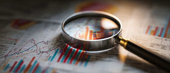 Exploring data analytics through a magnifying glass over vibrant financial graphs and market trends