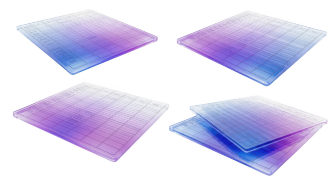 Four angles show colorful translucent gridded sheets stacked on white suggesting time management planning or organization use
