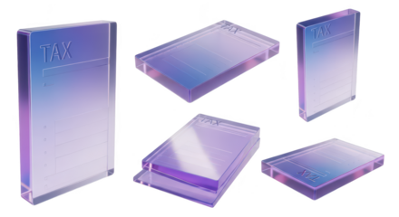 Rendered purple glass tax forms in various orientations against a white background representing financial concepts