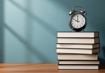 Naklejka premium Stack of academic books with vintage alarm clock on wooden surface, vertical education photo for study themes and editorial use