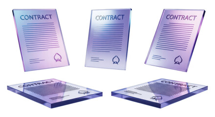 Glowing contract documents floating on white with blurred light signifying legal agreements deals business transactions and digital transformation