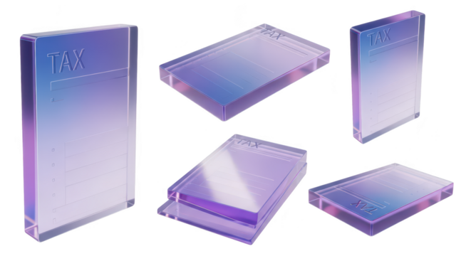 Rendered purple glass tax forms in various orientations against a white background representing financial concepts