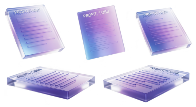 Five glass Profit/Loss documents displayed with light and shadow effects isolated on a white background suitable for financial reporting