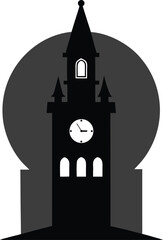 Black silhouette of a clock tower against a large moon isolated on white background silhouette