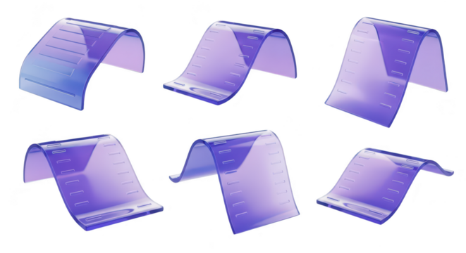 Translucent plastic wave-shaped screens on a white surface showcasing design variations suitable for technology concepts