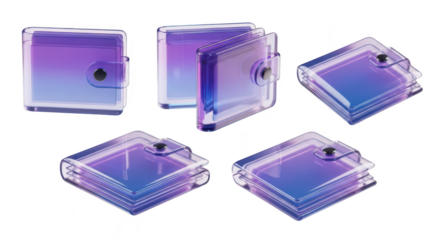 Transparent wallets in various angles on white background indicating financial concepts or digital design elements