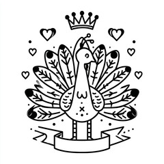 A black and white drawing of a peacock with a crown