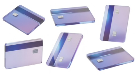 Isolated credit cards in various orientations floating against white illustrating digital finance & payments