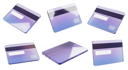 Six 3D rendered floating credit cards in various angles against a clean white backdrop; potentially used for finance banking or transaction visuals