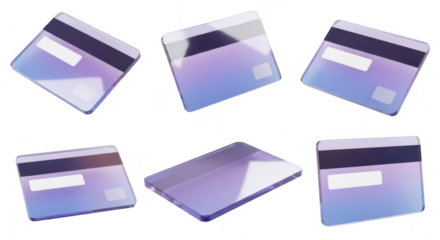 Six 3D rendered floating credit cards in various angles against a clean white backdrop; potentially used for finance banking or transaction visuals