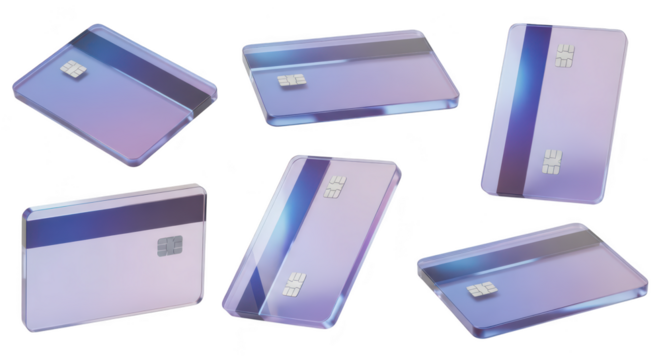 Isolated credit cards in various orientations floating against white illustrating digital finance & payments
