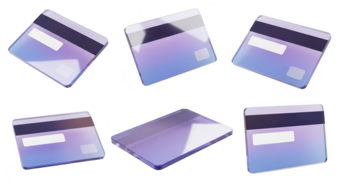 Six 3D rendered floating credit cards in various angles against a clean white backdrop; potentially used for finance banking or transaction visuals