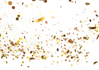 Falling gold confetti on white. Perfect for celebrations, parties, and festive designs.