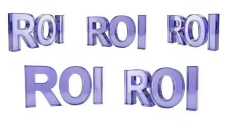 Multiple transparent ROI letters rotating against a white backdrop symbolizing financial analysis and investment returns for business presentations