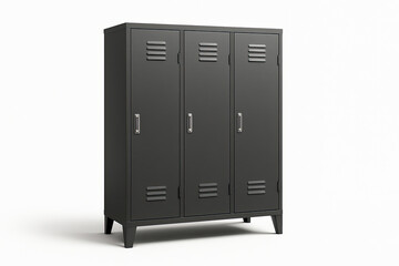 Industrial style metal locker cabinet matte charcoal grey three door design ventilation slits isolated bright white background photorealistic sharp edges slight studio shadow modern storage
