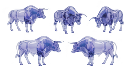 Five translucent bull figurines standing on a white surface symbolizing growth and strength likely used in finance or business representations